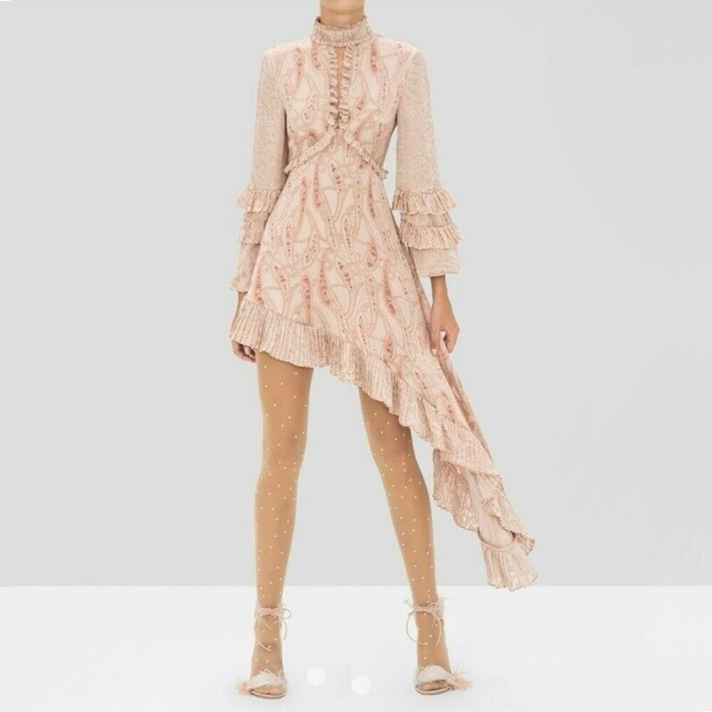 Alexis LIORA Asymmetrical Empire-Waist Keyhole Ruffle Long-Sleeve Dress